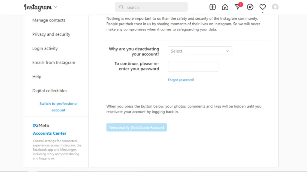 How to deactivate Instagram account temporarily
